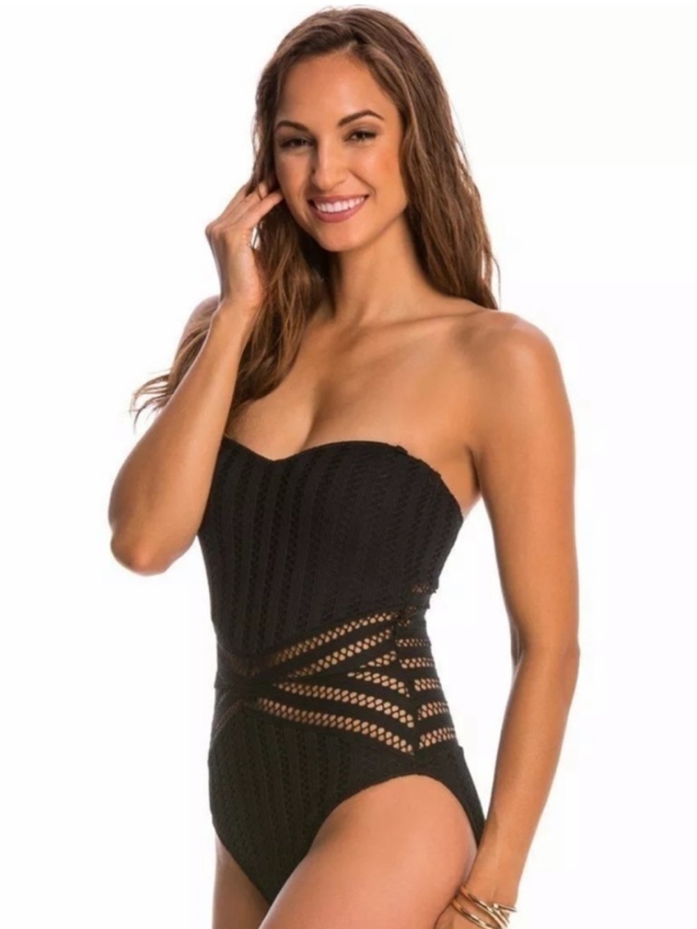 Kenneth Cole Black Crochet Strapless One-Piece Swimsuit